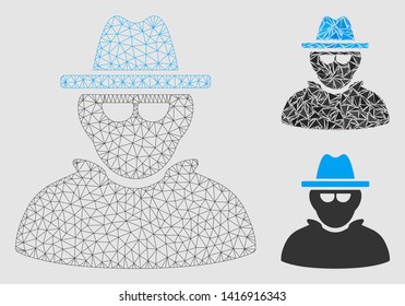 Mesh detective model with triangle mosaic icon. Wire frame triangular mesh of detective. Vector mosaic of triangle elements in various sizes and color tinges. Abstract 2d mesh designed with triangles.