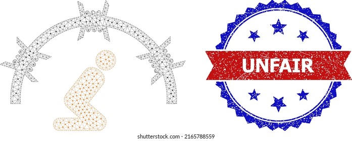 Mesh detention camp framework icon, and bicolor scratched Unfair seal stamp. Polygonal wireframe image designed with detention camp icon.