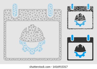 Mesh development calendar day model with triangle mosaic icon. Wire carcass triangular network of development calendar day. Vector collage of triangle parts in variable sizes and color shades.