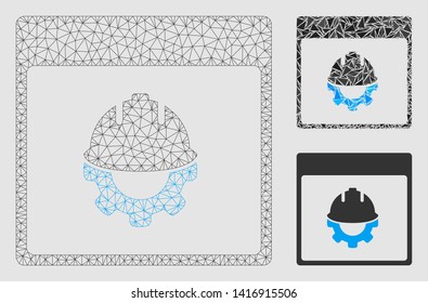 Mesh development calendar page model with triangle mosaic icon. Wire carcass polygonal mesh of development calendar page. Vector mosaic of triangle parts in variable sizes and color tints.