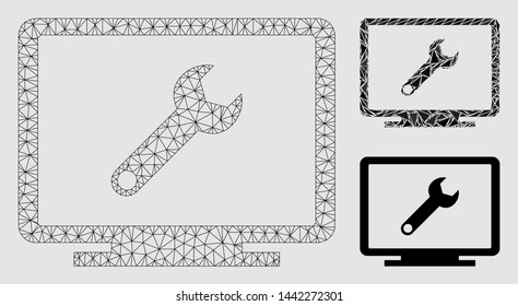 Mesh development model with triangle mosaic icon. Wire carcass polygonal mesh of development. Vector mosaic of triangle elements in different sizes and color tints.