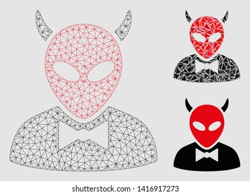 Mesh devil model with triangle mosaic icon. Wire frame polygonal mesh of devil. Vector composition of triangle parts in variable sizes and color tinges.
