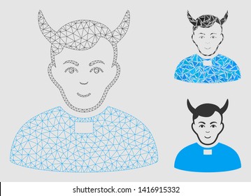 Mesh devil priest model with triangle mosaic icon. Wire frame triangular network of devil priest. Vector mosaic of triangle elements in variable sizes and color shades.