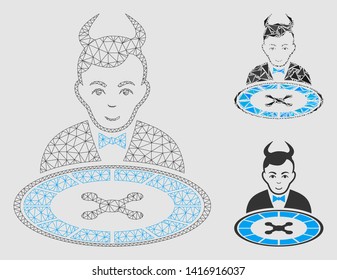 Mesh devil roulette dealer model with triangle mosaic icon. Wire carcass polygonal network of devil roulette dealer. Vector composition of triangle parts in variable sizes and color hues.