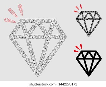 Mesh diamond crystal model with triangle mosaic icon. Wire frame triangular mesh of diamond crystal. Vector mosaic of triangles in variable sizes and color tones.