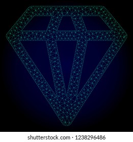 Mesh diamond polygonal illustration. Abstract mesh lines, triangles and points on dark background with diamond. Wire frame 2D polygonal line network in vector format on a dark blue background.