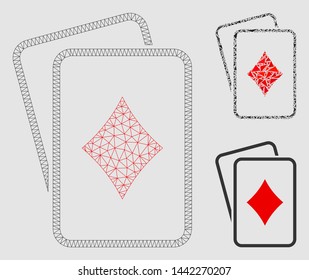 Mesh diamonds gambling cards model with triangle mosaic icon. Wire carcass triangular mesh of diamonds gambling cards. Vector mosaic of triangle elements in various sizes and color tones.