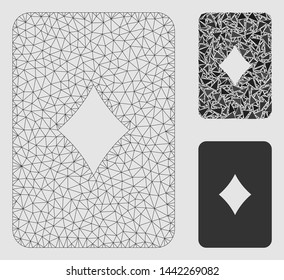 Mesh diamonds playing card model with triangle mosaic icon. Wire frame polygonal mesh of diamonds playing card. Vector collage of triangle parts in different sizes and color tints.