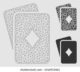 Mesh diamonds playing cards model with triangle mosaic icon. Wire carcass triangular mesh of diamonds playing cards. Vector composition of triangle parts in variable sizes and color tones.