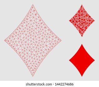 Mesh diamonds suit model with triangle mosaic icon. Wire carcass triangular mesh of diamonds suit. Vector mosaic of triangle parts in different sizes and color tones.