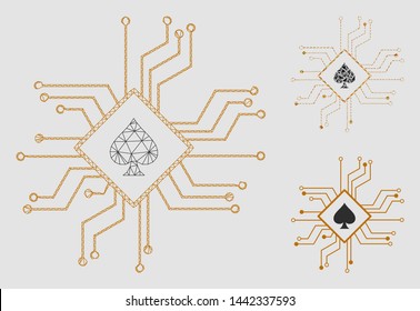 Mesh digital casino circuit model with triangle mosaic icon. Wire carcass triangular mesh of digital casino circuit. Vector collage of triangle parts in different sizes and color shades.