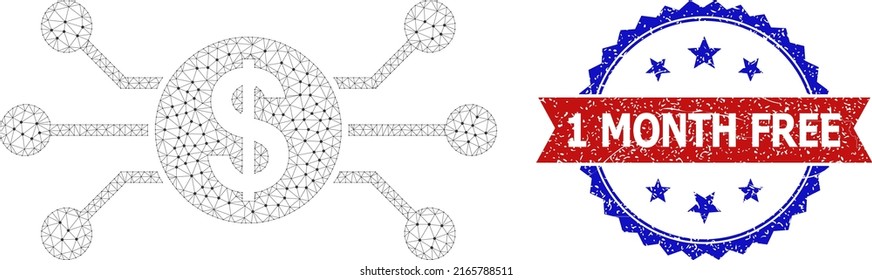 Mesh digital dollar model icon, and bicolor scratched 1 Month Free seal stamp. Polygonal wireframe image based on digital dollar icon.