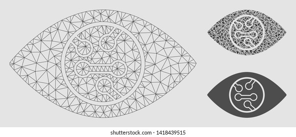 Mesh digital eye lens model with triangle mosaic icon. Wire frame polygonal mesh of digital eye lens. Vector composition of triangle elements in variable sizes and color shades.