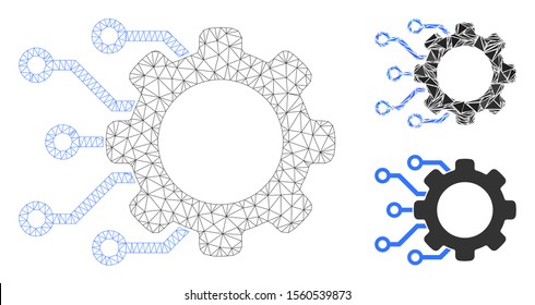 Mesh digital gearwheel model with triangle mosaic icon. Wire frame triangular mesh of digital gearwheel. Vector mosaic of triangle elements in various sizes, and color tinges.