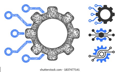 Mesh digital gearwheel polygonal web icon vector illustration. Carcass model is created from digital gearwheel flat icon. Triangle network forms abstract digital gearwheel flat carcass.