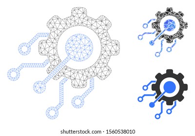 Mesh digital integration gear model with triangle mosaic icon. Wire carcass polygonal mesh of digital integration gear. Vector mosaic of triangle elements in various sizes, and color tints.