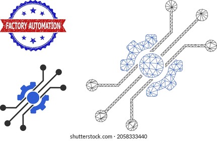 Mesh digital tech frame icon, and bicolor textured Factory Automation stamp. Mesh carcass image designed with digital tech icon.