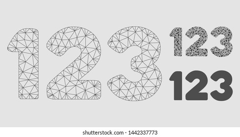 Mesh digits model with triangle mosaic icon. Wire carcass polygonal mesh of digits. Vector mosaic of triangle elements in variable sizes and color tints. Abstract 2d mesh digits,