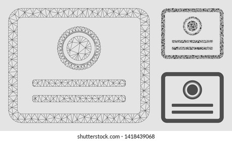 Mesh diploma model with triangle mosaic icon. Wire carcass triangular mesh of diploma. Vector collage of triangle elements in different sizes and color tinges. Abstract flat mesh diploma,