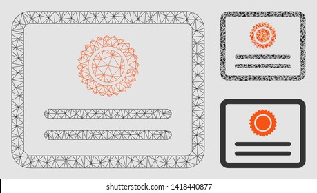 Mesh diploma model with triangle mosaic icon. Wire frame polygonal mesh of diploma. Vector mosaic of triangle elements in variable sizes and color shades. Abstract 2d mesh diploma,