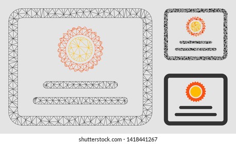 Mesh diploma model with triangle mosaic icon. Wire carcass polygonal mesh of diploma. Vector mosaic of triangles in various sizes and color tints. Abstract 2d mesh diploma,