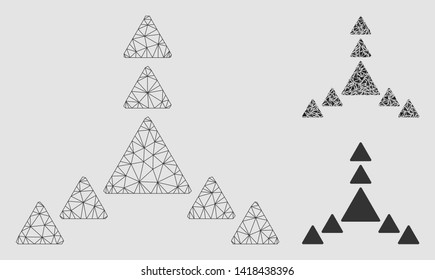 Mesh direction triangles model with triangle mosaic icon. Wire frame polygonal mesh of direction triangles. Vector mosaic of triangle parts in variable sizes and color tints.