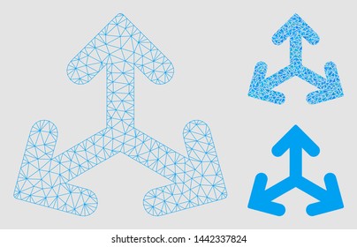 Mesh direction variants model with triangle mosaic icon. Wire frame triangular network of direction variants. Vector mosaic of triangle parts in various sizes and color tints.