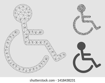 Mesh disabled person model with triangle mosaic icon. Wire frame triangular mesh of disabled person. Vector mosaic of triangle parts in variable sizes and color tints.