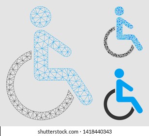 Mesh disabled person model with triangle mosaic icon. Wire frame triangular mesh of disabled person. Vector mosaic of triangle parts in different sizes and color shades.