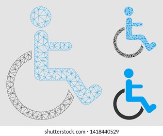 Mesh disabled person model with triangle mosaic icon. Wire carcass triangular mesh of disabled person. Vector collage of triangle elements in different sizes and color tinges.
