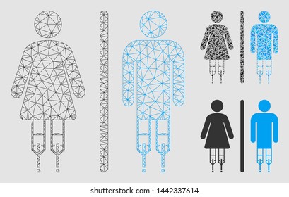 Mesh disabled WC persons model with triangle mosaic icon. Wire frame triangular mesh of disabled WC persons. Vector composition of triangle elements in various sizes and color tones.