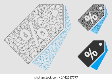 Mesh discount coupons model with triangle mosaic icon. Wire carcass triangular mesh of discount coupons. Vector mosaic of triangle parts in variable sizes and color tinges.