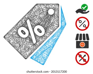 Mesh discount coupons web icon vector illustration. Model is based on discount coupons flat icon. Network forms abstract discount coupons flat carcass.