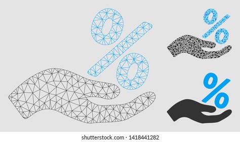 Mesh discount offer hand model with triangle mosaic icon. Wire frame polygonal mesh of discount offer hand. Vector mosaic of triangle parts in different sizes and color hues.