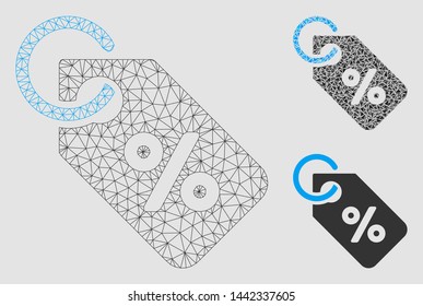 Mesh discount tag model with triangle mosaic icon. Wire carcass polygonal network of discount tag. Vector mosaic of triangle elements in various sizes and color shades. Abstract 2d mesh discount tag,