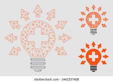 Mesh disinfection lamp model with triangle mosaic icon. Wire carcass triangular mesh of disinfection lamp. Vector mosaic of triangles in variable sizes and color tints.