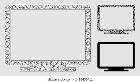 Mesh display model with triangle mosaic icon. Wire carcass triangular network of display. Vector mosaic of triangle parts in variable sizes and color tinges. Abstract flat mesh display,