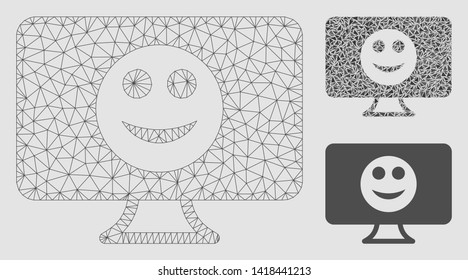 Mesh display smile model with triangle mosaic icon. Wire frame polygonal mesh of display smile. Vector collage of triangle elements in various sizes and color hues. Abstract flat mesh display smile,