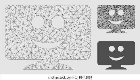 Mesh display smile model with triangle mosaic icon. Wire carcass polygonal mesh of display smile. Vector collage of triangle parts in various sizes and color tones. Abstract 2d mesh display smile,