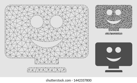 Mesh display smile model with triangle mosaic icon. Wire carcass triangular mesh of display smile. Vector composition of triangle elements in various sizes and color hues.