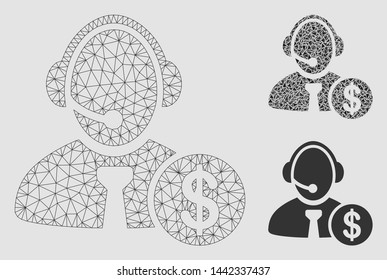Mesh distance marketing model with triangle mosaic icon. Wire frame polygonal mesh of distance marketing. Vector mosaic of triangle elements in variable sizes and color shades.