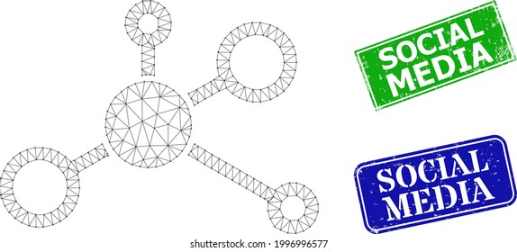 Mesh distribution model, and Social Media blue and green rectangle textured stamp seals. Mesh wireframe image is based on distribution model pictogram.