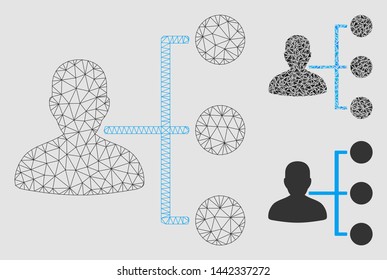 Mesh distributor model with triangle mosaic icon. Wire frame polygonal mesh of distributor. Vector mosaic of triangle parts in various sizes and color tinges. Abstract 2d mesh distributor,
