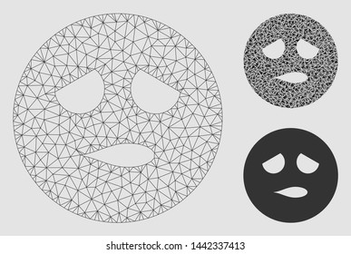 Mesh disturb smiley model with triangle mosaic icon. Wire carcass triangular mesh of disturb smiley. Vector collage of triangle elements in various sizes and color tints.