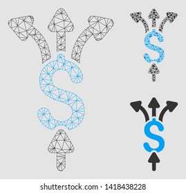 Mesh divide payments model with triangle mosaic icon. Wire frame triangular mesh of divide payments. Vector mosaic of triangle parts in various sizes and color shades.