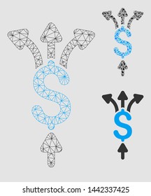 Mesh divide payments model with triangle mosaic icon. Wire carcass triangular mesh of divide payments. Vector mosaic of triangle parts in different sizes and color tints.