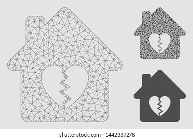 Mesh divorce house heart model with triangle mosaic icon. Wire carcass triangular mesh of divorce house heart. Vector mosaic of triangle parts in various sizes and color hues.