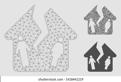 Mesh divorce house model with triangle mosaic icon. Wire frame triangular network of divorce house. Vector mosaic of triangle elements in variable sizes and color tinges.