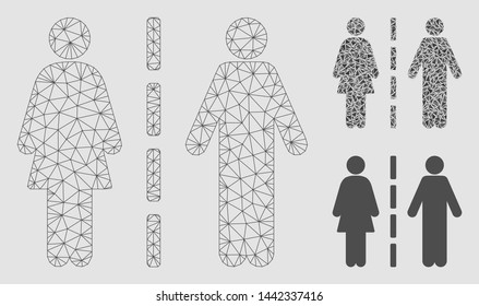 Mesh divorce line model with triangle mosaic icon. Wire frame triangular mesh of divorce line. Vector mosaic of triangle elements in variable sizes and color hues. Abstract 2d mesh divorce line,