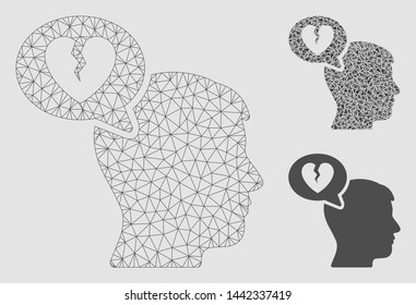 Mesh divorce thinking man model with triangle mosaic icon. Wire frame triangular mesh of divorce thinking man. Vector collage of triangle elements in variable sizes and color tones.